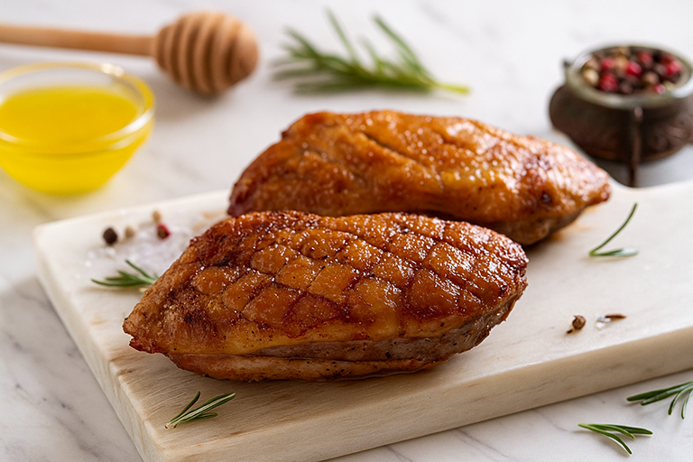 Magret de canard au miel et pommes fondantes